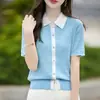 Cardigan de Meia Manga em Mistura de Algodão Lyocell, Novo Estilo de Verão para Mulheres, Gola Peter Pan, Peça de Roupa Externa Redutora de Idade e Estilosa com Design em Cor Contrastante