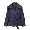Moda Curta Estilo Europeu e Americano Roupas Femininas Atacado Cor Sólida 2026 Novo Cinto Transfronteiriço Casaco Trench Jacket Azul