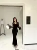 Elegante Temperamento Delgado Cuello en V Hombros Descubiertos Mangas Acampanadas Bodycon Sirena Plisado Adelgazante Vestido