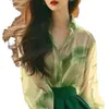 Nueva Camisa de Gasa Floral Verde Estilo Verano 2024, Elegante Cuello Polo para la Oficina, Top de Moda Chic