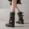 Botas de caña alta arrugadas estilo western cowboy de nicho de moda para mujer, adelgazantes
