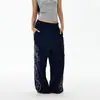 Calça de Moletom Esportiva Bordada com Letras Retro Americana Feminina Outono Inverno Marca Tendência Azul Escuro Cintura Elástica Casual Solta Perna Reta