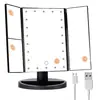 Espejo de maquillaje LED portátil plegable de escritorio espejo de tres caras interruptor táctil espejo giratorio de 180 grados espejo de belleza para maquillaje