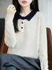 Suéter de punto jacquard fino de lana 6 para mujer, manga larga, estilo retro simple de otoño e invierno, top de capa interior holgado