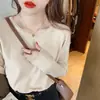 Camiseta básica feminina de gola redonda para outono e inverno, decote baixo, de alta qualidade, estilosa, moderna, camiseta de manga comprida para usar por baixo de um sobretudo