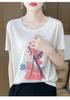Camiseta de Manga Corta Estampada Estilo Chino para Mujer Verano Nueva Cuello Redondo Holgada para Fondo Talla Grande Top de Punto de Algodón Tencel para Mujer