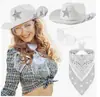 Juego de 3 piezas: Sombrero de vaquero con estrella de pedrería, Gafas de sol con forma de corazón, Pañuelo para la cabeza con borla de vaquero, Set para Fiesta de Cosplay