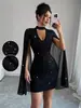 Vestido Europeo y Americano para Mujer Brillante Cuello Halter Cuello Bajo Manga de Linterna Ajustado Sexy Chica Caliente Fiesta Falda de Cadera