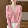 Tecido misto transfronteiriço 2026 outono e inverno novo top cardigã feminino de gola V curto em tricô torcido de modelagem solta