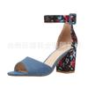 En stock, nuevas sandalias de tacón grueso bordadas de talla grande de moda europea y americana para mujer, sandalias de tacón alto con hebilla de comercio exterior para mujer