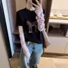 Mangas Rosas~Camiseta de Manga Larga con Estampado de Pony de Dibujos Animados, Estilo Falso Dos Piezas Empalmado Cepillado, Camiseta para Mujer para Primavera H022819