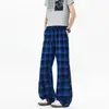 Calça xadrez versátil de perna reta, estilo high street, de comprimento estendido e perna larga, com bom caimento, calça casual estilo americano para homens altos