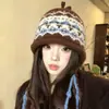 Chapéu de Tricô Cor de Café Fair Isle Retrô para Mulheres Inverno Quente Grande Circunferência da Cabeça Chapéu de Lã Faz o Rosto Parecer Menor Proteção Contra o Frio Chapéu de Proteção para as Orelhas