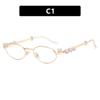 Montura de gafas ovalada de metal incrustada con diamantes, montura de gafas pequeña de perlas, sin maquillaje, se puede equipar con gafas planas para miopía con receta