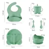 Conjunto de 6 peças de prato de jantar infantil de silicone, talheres para bebê, prato de jantar de silicone infantil, fundo com ventosa, conjunto divisório portátil, à prova de choque, utensílios para comida de bebê