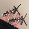 Pasador de Pelo de Cuero con Lazo, Perlas Plateadas y Pedrería, Estilo Nuevo, Exquisito, Versátil, Pinza Bb, Parte Trasera de la Cabeza, Pinza Lateral, Accesorios para el Cabello, Estilo Nuevo para Mujeres