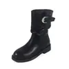 Botines mujer 2026 nuevo otoño e invierno punta redonda tacón grueso botas de jinete marrones hebilla de cinturón arrugado apilados botas largas mujer