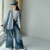 Conjunto de Calça Jeans Denim com Bolsos Múltiplos e Cordão com Capuz para Crianças de Tamanho Médio e Grande - Calça Wide-Leg Outerwear - Estilo Coreano Novo para Outono