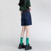 Calça Feminina de Verão Azul Escuro de Cinco Pontos, Finas, Cintura Alta, Corte A, Reta, Comprimento Médio, Shorts Jeans Pequenos de Perna Larga, Tendência Ins