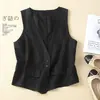 Elegante Chaleco Blazer de Cuello en V con Bolsillo Falso Chaqueta Ropa de Abrigo de Algodón y Lino Versátil para Capas Verano Nuevo Delgado Moda para Mujer