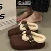 Zapatos de Mujer Estilo Birkenstock con Suela Gruesa de Cuero, Forrados de Felpa y Engrosados para Calidez, Zapatos de Algodón con Puntera Cerrada Tipo Zapatilla, Zapatos de Piel de Lana de Cordero