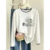 Camiseta de algodón puro para mujer, estilo dos piezas falsas, cuello redondo, manga larga, para otoño, con diseño único, aspecto elegante, efecto rejuvenecedor y versátil como top o capa base