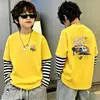 Camiseta de algodón 100% pura para niño, nueva de 2026, ropa infantil, imitación de dos piezas, manga larga, rayas, retazos, para primavera y otoño