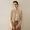 Cardigan de Tricô Gola Redonda 100% Caxemira Pura para Outono e Inverno Feminino, Jaqueta Suéter Top Curto Retrô com Trança