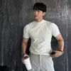 Camiseta de punto para hombre con cuello medio y manga corta, color liso americano, moda de alta gama, corte ajustado, camiseta de verano, camiseta básica de manga corta