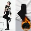 Jeans Skinny Preto Espesso Forrado com Fleece Feminino Outono e Inverno 2024 Novo Cintura Alta Elástico Ferradura Slim Flare