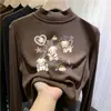 Blusa de manga longa DeRong com gola alta parcial para outono e inverno, blusa casual para meninas, tamanhos médio e grande, camada interna quente, camiseta de manga longa escovada