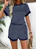 Em Estoque Primavera, Verão e Outono Shein Amazon Aliexpress Tk Europeu e Americano Transfronteiriço Conjunto de Camiseta Listrada e Shorts de Tricô