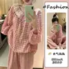 Pijama feminino, estilo coreano, design popular 2026, algodão nuvem manga longa calça longa, lapela grande, acabamento em renda, conjunto de loungewear para primavera e outono