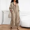 Roupas femininas transfronteiriças europeias e americanas: Vestido shirt de verão, moderno, solto, com decote V, bolso, listrado, longo, com mangas de três quartos