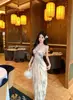 Nicho Estilo Francês, Deslumbrantemente Lindo e Etéreo, Perfeito para Sessões de Fotos, Vestido Longo para Férias na Praia, Vestido Estampado Sexy e de Puro Desejo com Alças em V para Mulheres