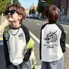 Camiseta de Manga Raglán para Niños, Bloques de Color, Algodón Puro, Manga Larga, Estilo Otoño, Moda Coreana, Corte Holgado, Ropa de Abrigo Elegante