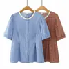 [Especial] Camisa Babydoll Casual de Verão para Mulheres Plus Size, Novo Estilo, Estilo Mori, Xadrez Artístico, Manga Curta 0470