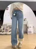 Calça Jeans Reta Solta Forrada com Fleece Azul para Mulheres, Novo Estilo Inverno 2025, Tamanho Grande Cintura Alta Emagrecedora Wide Leg