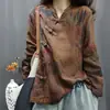 3444 Primavera Nuevo Estilo Lino Estampado Casual Chaqueta Corta Mangas Murciélago Sueltas Cuello en V Botones de Placa Doble Capa Top para Mujer