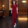 Conjunto Casual Esportivo Vermelho Feminino Verão Solto Fashion Rejuvenescedor Roupa ao Ar Livre Manga Curta Calça de Perna Larga Conjunto de Duas Peças Fashion