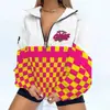 Chamarra de bloque de color con medio cierre y cuello alto para mujer, estilo europeo y americano, con estampado digital 3D, corte holgado estilo callejero y propiedades cortavientos.