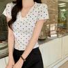 Tiro Real # Camiseta Blanca de Encaje en el Dobladillo de las Orejas con Lunares y Cuello en V de Manga Corta para Mujer Diseño de Verano Camisa Corta