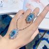 Design Joias Estilo Olho de Cavalo Indústria Pesada Incrustado com Diamante de Alto Carbono Topázio Cor Azul Marinho Conjunto de Colar e Anel para Mulheres