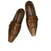 Sapatos Mocassins com Fivela Femininos Sapatos Baixos Novos Outono e Inverno Pele de Cabra Macia Bico Quadrado Sapatos Baixos Confortáveis Sapatos Femininos de Boca Profunda