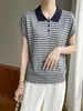 2026 Primavera/Verão Novo Tricô de Linho com Gola Polo Manga Curta Blocos de Cor Listrado Pulôver Solto Camiseta Base