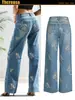 Jeans de Cintura Alta Pierna Recta con Flores Bordadas para Mujer Miaoyu, Nueva Colección Otoño 2025, Estilo de Pierna Ancha Ajustado