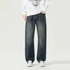 Roupas Masculinas Fengshe / Outono-Inverno 2026 Jeans Azuis de Corte Reto Solto com Estampa de Bambu Vintage para Homens, Versátil High Street