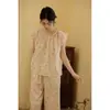Verano 2026 Conjunto de Ropa para el Hogar para Mujer de Gasa 100% Algodón Suave Cómodo Estampado Floral Manga Murciélago Holgada Manga Corta Pantalón Largo