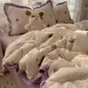Conjunto de Cuatro Piezas de Encaje Arrugado de Algodón Puro Lavado Grado Materno e Infantil, Conjunto de Tres Piezas Ultra Suave Estilo Francés para Dormitorio Estudiantil