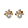 Pendientes de Plata Recubiertos de Oro Real de 18K con Aguja de Plata, Circonita y Perla, Pendientes de Lujo Ligero de Gama Alta, Pendientes de Estilo Retro Francés para Mujer